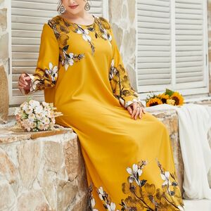 Temu Plus Size Floral Print Maxi Dress, Elegant Loose Long Sleeve Crew Neck Dress For Spring & Fall, Women's Plus Size Clothing Multicolor 4XL(20)