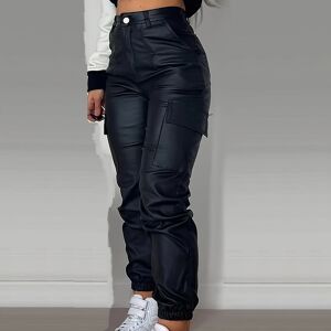 Temu Multi-pocket Leather Look Cargo Jeans, Y2k Streetwear High Stretch Fashion Jogger Jeans, Women's Denim Jeans & Clothing Black L(8/10)