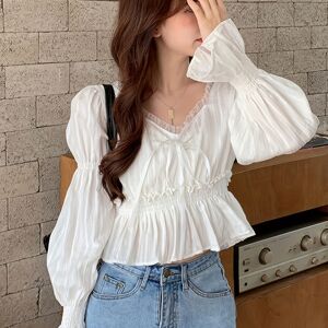 Temu Ruffle Trim V Neck Crop Blouse, Casual Long Sleeve Crop Blouse For Spring & Fall, Women's Clothing White Asian One-size