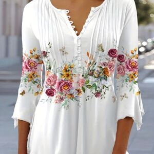 Temu Plus Size Casual T-shirt, Women's Plus Floral Print Bell Sleeve Round Neck Slight Stretch Ruched Henley T-shirt White 2XL(16)