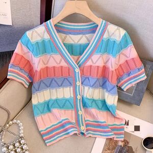 Temu Rainbow Striped Button Front Cardigan, Chic Short Sleeve Slim Knitted Crop Cardigan For Spring & Summer, Women's Clothing Blue L(8/10)