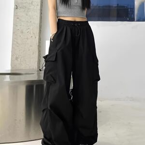 Temu Flap Pockets Wide Leg Cargo Pants, Streetwear Loose Drawstring Pants For Spring & Summer, Women's Clothing Black Asian M(2)