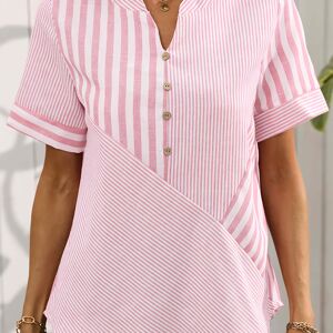 Temu Striped Print Notched Neck Blouse, Casual Short Sleeve Button Front Blouse For Spring & Summer, Women's Clothing Pink XXL(14)