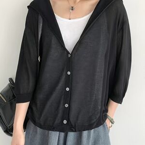 Temu Solid Color Button Hooded Cardigan, Casual 3/4 Sleeve Loose Cardigan For Spring & Summer, Women's Clothing Black L(8/10)