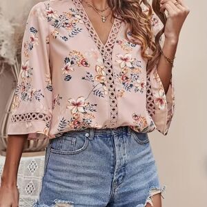 Temu Plus Size Casual Top, Women's Plus Floral Print Contrast Lace Half Sleeve V Neck Top Pink 4XL(20)