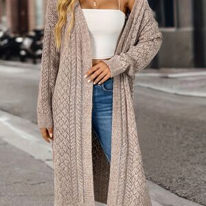 Temu Solid Open Front Pointelle Knit Cardigan, Casual Long Sleeve Mid Length Split Sweater, Women's Clothing Apricot M(6)