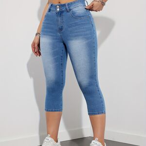 Temu Women's Stretch Plain Washed Blue Denim Capri Pants, Mid-rise, Sexy Style, Comfort Fit Jean Cropped Trousers Sky Blue L(8/10)