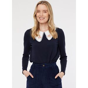 Joanie Clothing Suki Embroidered Collar Jersey Top - Navy-LARGE (UK 16-18)  - Sustainable Organic Cotton