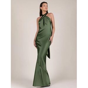 Rewritten Roma Halterneck Satin Maxi Dress - Olive Green - Female - Size: 10