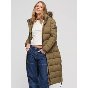 Superdry Faux Fur Hooded Longline Puffer Coat, Military Olive - Military Olive - Female - Size: 10