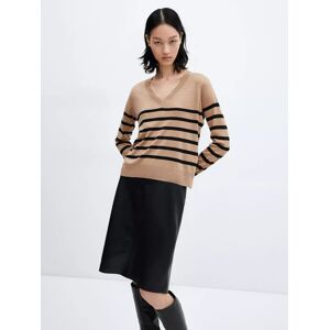 Mango Luccavr Cashmere Blend Striped V-Neck Jumper - Camel/Black - Female - Size: XS