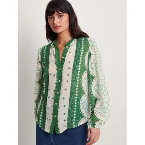 Monsoon Tamsyn Abstract Print Balloon Sleeve Blouse, Green/Cream - Green/Cream - Female - Size: M