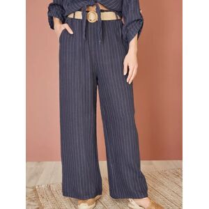 Yumi Italian Linen Striped Wide Leg Trousers & Belt - Navy - Female - Size: L
