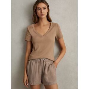 Reiss Becca V-Neck Ribbed T-Shirt - Camel - Female - Size: XS