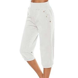 Tdeok Capri Pants for Women Casual Summer Drawstring Elastic High Waist Linen Pants Straight Cut Off Pants Black Ladies Pants, White, XL