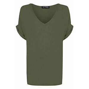 Shaposh Fashion&#174; Women's V Neck Short Sleeve T-Shirt - Ladies Batwing Plain Printed Oversize Baggy Loose Fit Shirt Turn Up Top (Khaki, 12-14)