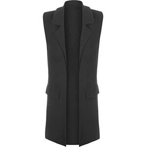Fashion City&#174; Womens Sleeveless Crepe Open Long Waistcoat - Ladies Moch Flape Pocket Casual Jacket Top (Black, M-L)