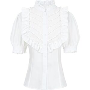 NSPSTT White Victorian Blouse Gothic Shirt Button Down Blouses White Short Sleeve Top for Women French Ruffle Retro Blouse XL