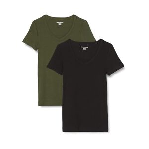Amazon Essentials Women's Slim-Fit Short-Sleeve V-Neck T-Shirt, Pack of 2, Dark Olive/Black, XS