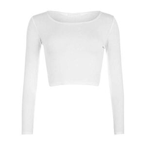 Malaika New Girl Women Ladies Plain Full Long Sleeve Round Scoop Neck Slim Fit Skinny Short Mini Crop Top Shirt Size S/M M/L 8 10 12 14 White