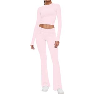 AnotherChill Women's 2 Piece Lounge Sets Fold-over Flare Pants Set Long Sleeve Cropped Top Casual Outfits Pajamas, Pink, M