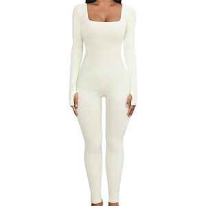 UMIPUBO Women Yoga Jumpsuit Sports Romper Long Sleeve Square Neck Stretchy Playsuit Ribbed Knit Workout Outfit Slim Fit One Piece Bodysuit Fitness Sportwear Daily Wear (White, M)