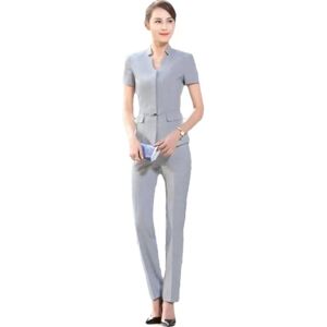 Generic Women Summer Business Pant Suit Formal Slim Short Sleeve V Neck Blazer and Trousers Office Ladies Work Wear Uniform Gray Coat and Pants XL