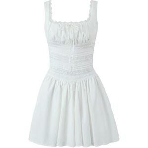 Generic Suspender Square Neck lace A-line Skirt Dress-White-L