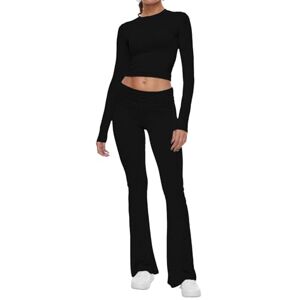 AnotherChill Women's 2 Piece Lounge Sets Fold-over Flare Pants Set Long Sleeve Cropped Top Casual Outfits Pajamas, Black, M