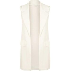 Fashion City&#174; Womens Sleeveless Crepe Open Long Waistcoat - Ladies Moch Flape Pocket Casual Jacket Top (Cream, M-L)