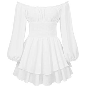 Generic Puff Ruffle Dress Built-in Shorts Long Sleeve Off Shoulder Layered Chiffon Dress 2022 Casual Dress (White, L)