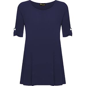 New Womens Scoop Neck Button Flared Swing Ladies Long Short Sleeve Plain Top Sizes 14-28 Plus Size Navy Blue