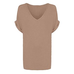 EMRE FASHION&#174; Women's V Neck Short Sleeve T-Shirt - Ladies Batwing Plain Printed Oversize Baggy Loose Fit Shirt Turn Up Top (Mocha, 24-26)