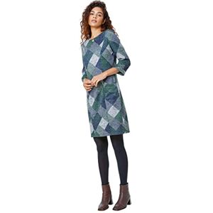 Roman Originals Shift Dress for Women UK - Ladies Print Winter Smart Work Office Casual Formal Party Comfortable Tunic 3/4 Sleeve Knee Length Plaid Smock - Green Grey - Size 12