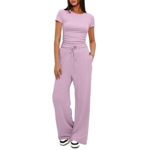LCDIUDIU Womens 2 Piece Casual Outfits Women Crop Top Wide Leg Trousers, Gray Plain Crew Neck Short Sleeve Slim T-Shirt Straight Pants Summe Office Work Lounge Wear Co Ord Sets Pink Xs
