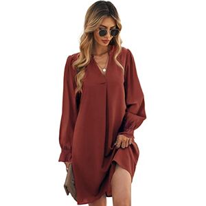 Women's V Neck Tunic Dress Summer T Shirt Casual Mini Dress Puff Half/Long Sleeve Flare Work Dresses Brown XXL [Long Sleeve]