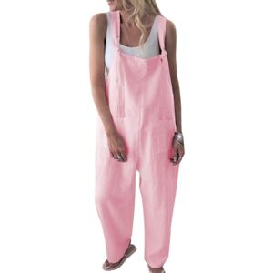 Suiboz Women's Retro Dungarees Summer Pants Jumpsuits Overalls Playsuit Bib Pants Linen Casual Loose Jumpsuit Wide Leg Long Pants (XL, A Pink)