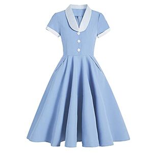1950s Dresses for Women Plus Size Vintage Classy 50s Style Audrey Hepburn Short Sleeve Peter Pan Collar Rockabilly Retro Swing A Line Midi Summer Dress Skater Cocktail Party Prom Gown Blue+White M