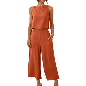 ⭐ Tousers For Women Uk,230516btdia68 FunAloe Women Linen Set Linen Trouser Suits Two Piece Outfits Summer w/ Pocket 2 Piece Wide Leg pant Set Women Sleeveless Outfit Jumpsuits Round Neck Crop Basic Top Button Back Top，04-orange，3XL