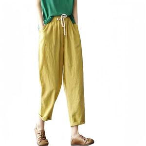 ParfCO Wide Leg Trousers Women,Womens Casual Trousers Summer Comfy Cotton Linen Cropped Pants Drawstring Elasticated Waist Pants Lightweight Airy Harem Pants Beach Pants Yellow M