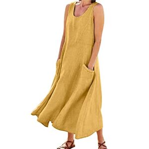 Women Summer Cotton Linen Tank Dress Sleeveless Loose Crew Neck Maxi Long Flowy Dresses Comfy Lounge Baggy Long/Knee Length Dress with Pockets