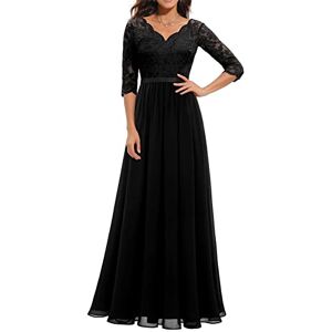 Dubute Women's Elegant Lace 3/4 Sleeves A Line Long Dress Empire Waist Mesh Evening Cocktail Wedding Party Dress (Black, L)