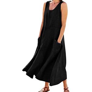 Generic Summer Dresses for Women UK Sleeveless Cotton Linen Dress Summer Casual Crew Neck Beach Dresses Sundress Plus Size Tunic Dress Boho A Line Long Dress with Pockets (Black #2, XL)