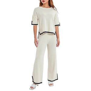 FeMereina Women's Knitted Two-Piece Outfits Crewneck Sweatshirt Wide-Leg Pants Set Loose Fittting Lounge Set Casual Homewear (Beige, L)
