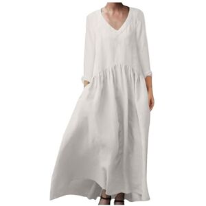 Summer Maxi Dresses for Women UK Plus Size Italian Linen Dresses Solid Pleated Tunic Dresses Long Sleeve V Neck Casual Dresses Elegant Baggy Pullover Dresses with Pocket Party Dresses White