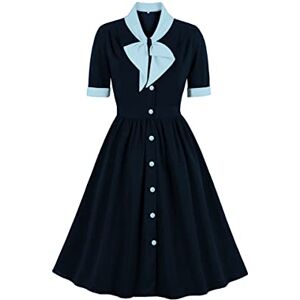 IBTOM CASTLE 1940s Dress for Women, Short Sleeve A-line Vintage Dress Fit and Flared Cocktail Dress Retro Bow Tie Swing Dresses with Belt for Wedding Guest Summer Holiday Dating Tea Party Navy Blue L