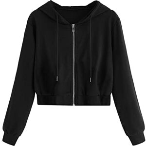 Wlhbf Women Hoodie Sweatshirt Women's Casual Solid Zipper Hooded Long Sleeve Sweatshirt Short Shirt Tops Whole Color Drawstring Casual Hoodie Black