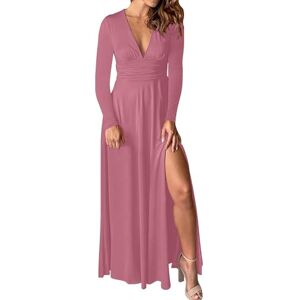 Plus Size Evening Dresses Long Sleeve Maxi Dress Deep V Neck Loose Spring Dresses for Women UK Solid Colour Side Slit Stretch Prom Dress Summer Beach Dress High Waist Plain Swing Dress Party Dress Soft Size S-XXL Pink