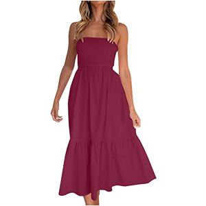 AMhomely Summer Bohemian Dress for Women UK Sleeveless Bandeau Dress Solid Ruffles A-Line Dress Strapless Corset Dress Ruffles Maxi Dress Beach Maxi Dress Ladies Floaty Dress Vacation Red XXL