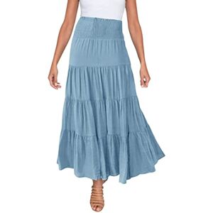 Dacongming Bohemian Maxi Tiered Skirts for Women Boho Elastic Waisted Swing Ruc 3 Tiered Ruffle A Line Mid Skirt with Pockets (b-Light Blue, S)